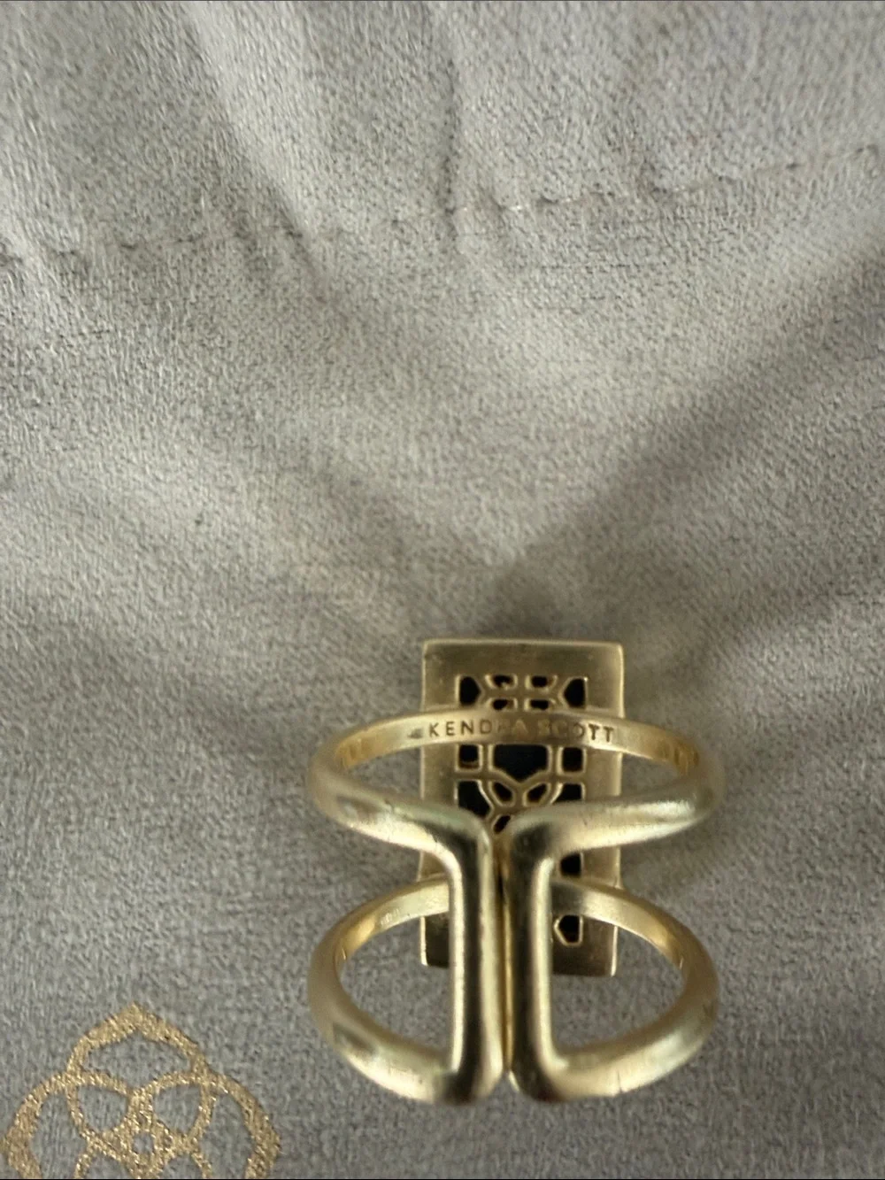Kendra Scott Gold-Tone Ring with Black Druzy Rectangle. Adjustable.